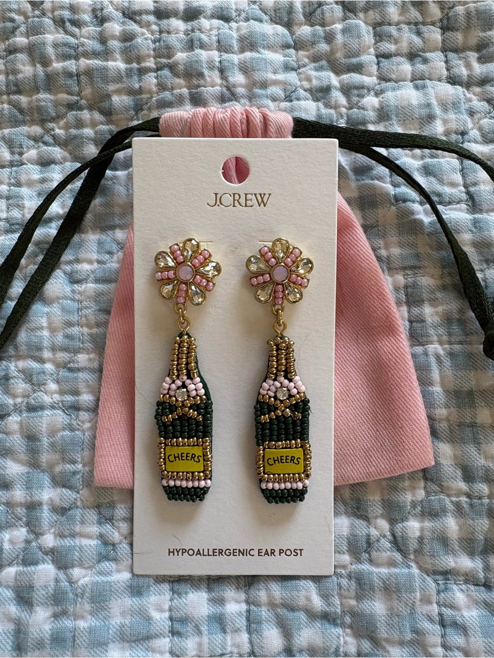 J. Crew Pink, Green & Gold Beaded 'Cheers' Bottle Drop Earrings